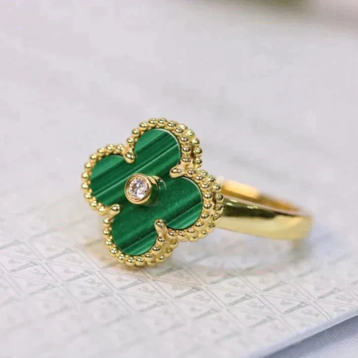 [⭐Luxery]CLOVER MALACHITE RING GOLD DIAMOND