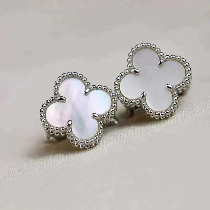 [⭐Luxery]CLOVER MEDIUM 1 MOTIFS  WHITE MOP EARRINGS SILVER