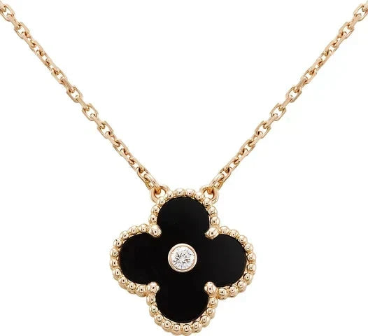 [⭐Luxery]CLOVER 15MM DIAMOND ONYX NECKLACE
