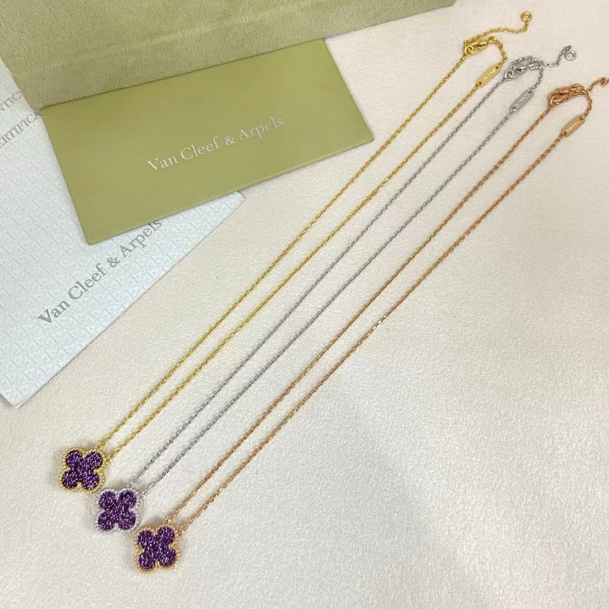 [⭐Luxery]NEW 15MM PURPLE SAND-GOLD FOUR-LEAF CLOVER NECKLACE