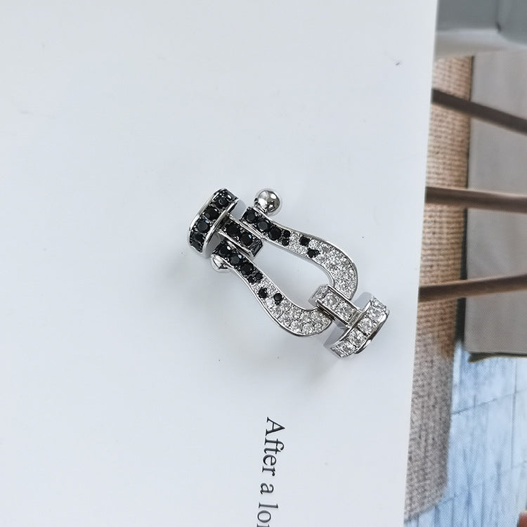 [⭐Luxery]FORCE LARGE HORSESHOE BLACK WHITE DIAMOND BRACELET SILVER